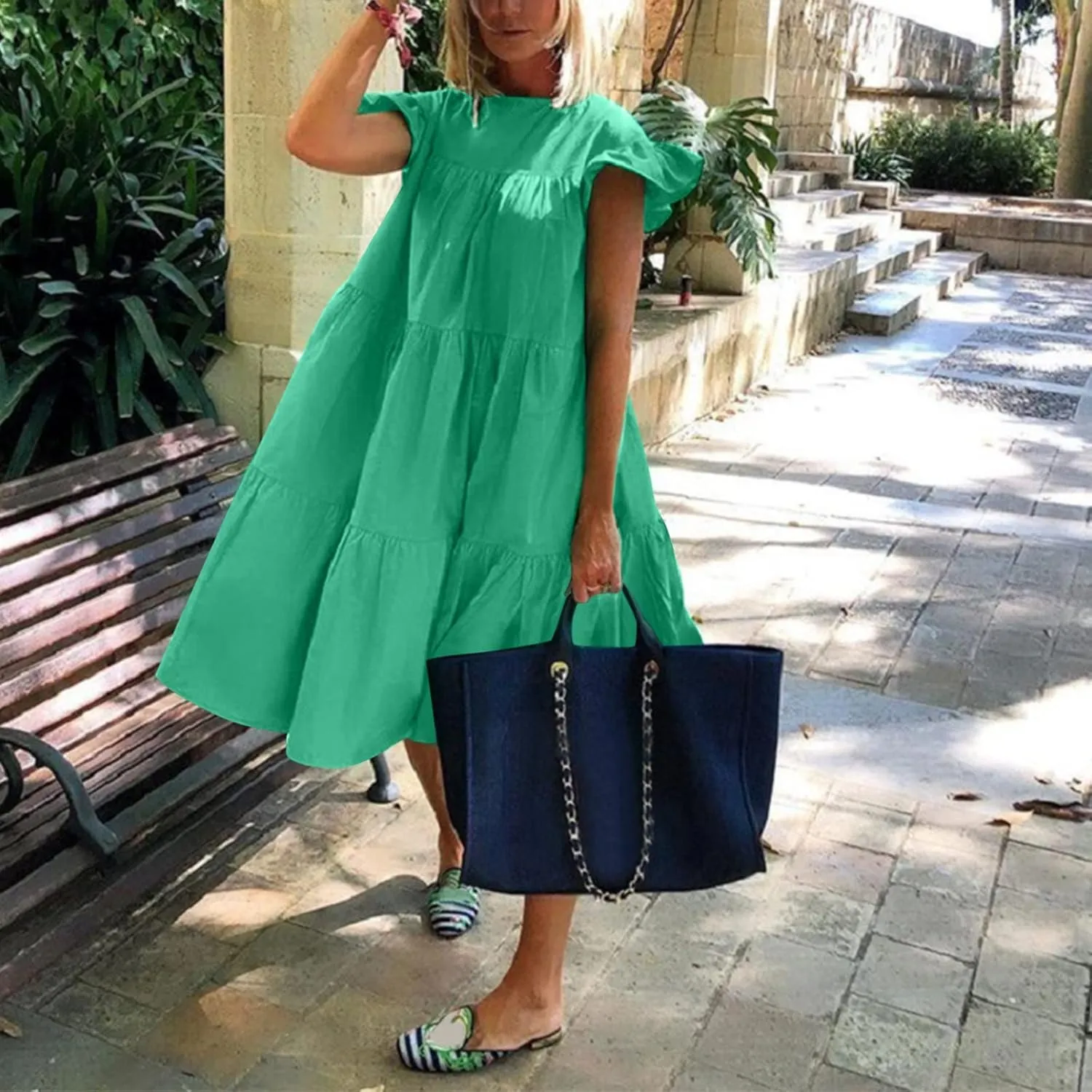 Spring Dresses for Women 2025 Bohemian Solid Tiered Cap Ruffle Sleeve Crew Neck Boho Midi Dress Church Retro Rave Outfits