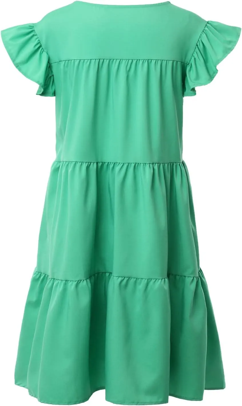 Spring Dresses for Women 2025 Bohemian Solid Tiered Cap Ruffle Sleeve Crew Neck Boho Midi Dress Church Retro Rave Outfits