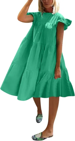 Spring Dresses for Women 2025 Bohemian Solid Tiered Cap Ruffle Sleeve Crew Neck Boho Midi Dress Church Retro Rave Outfits