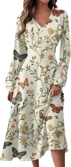 Spring Dresses for Women 2025 Long Sleeve V Neck Midi Cute Summer Vacation Trendy Loose Curvy Dress