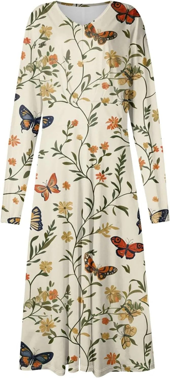 Spring Dresses for Women 2025 Long Sleeve V Neck Midi Cute Summer Vacation Trendy Loose Curvy Dress