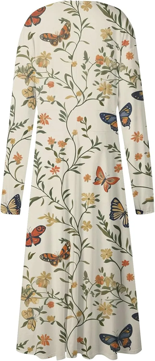 Spring Dresses for Women 2025 Long Sleeve V Neck Midi Cute Summer Vacation Trendy Loose Curvy Dress