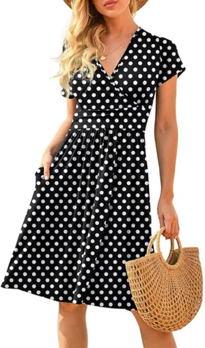Spring Summer Dresses for Women Short Sleeve Wrap V-Neck Casual Swing Dress Floral Party Midi Dress with Pockets