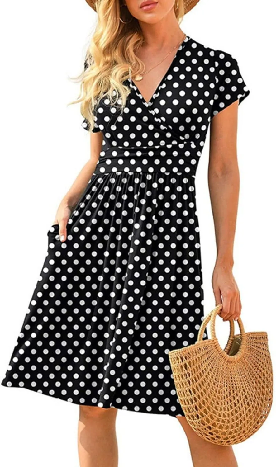 Spring Summer Dresses for Women Short Sleeve Wrap V-Neck Casual Swing Dress Floral Party Midi Dress with Pockets