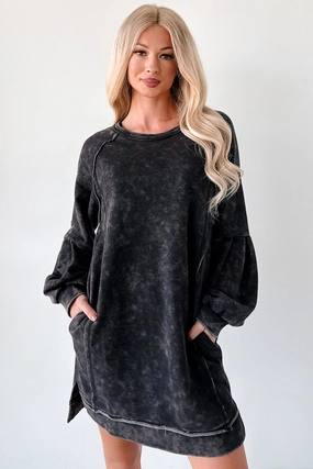 Laid-Back Glow Mineral Wash Long Sleeve Dress (Black) Vintage Vibe Timeless Soft