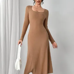 Square Neck Long Sleeve Midi Wrap Dress