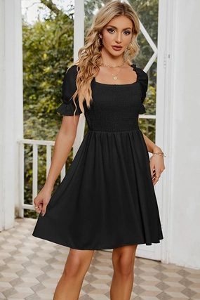 Flattering Shape Look Cool Movement SQUARE NECK PUFF SLEEVES PLEATED SHORT DRESS