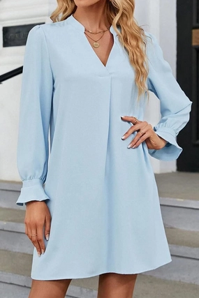 WOMEN FRILLED LONG SLEEVE V NECK SOLID DRESS Fall Piece Sleek Volume
