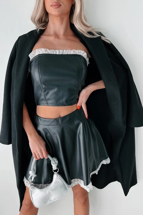 ReinforcedArmholes Softened Edges DOORBUSTER Flirty Tendencies Ruffle Lace Faux Leather Tube Top (Black)