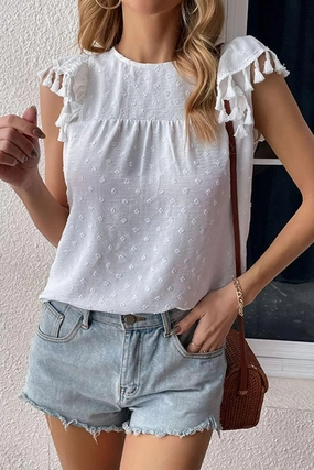 Wrinkle Resistant Textile LatticeKnit DOT LACE WRINKLED CHEST TASSEL CAP SLEEVE TEE