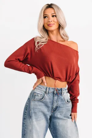 AntiPilling Finish Glow Up Goals Ribbed Off The Shoulder Crop Top (Brick Red)