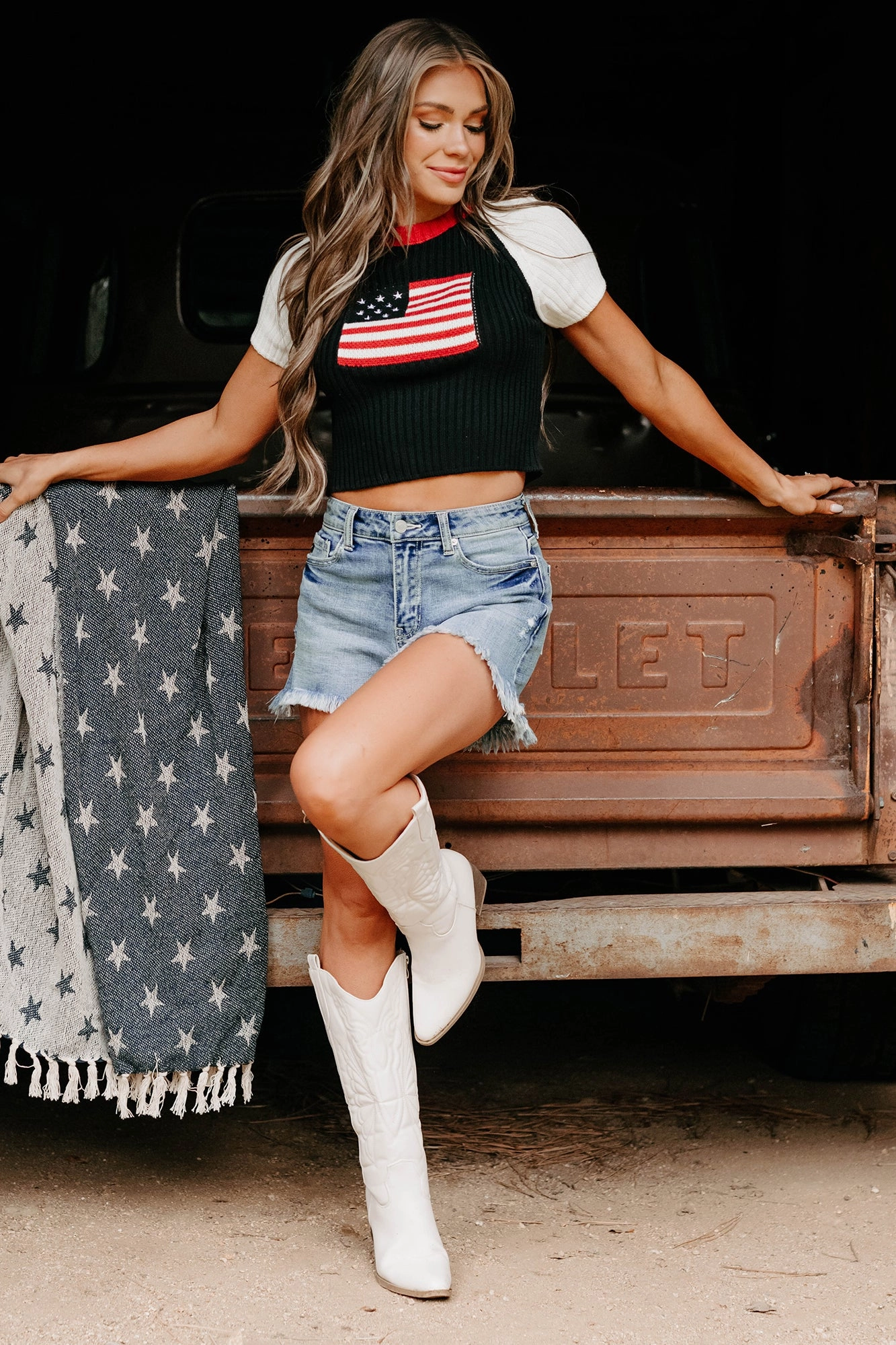 Starlet Style USA Flag Sweater Top (Black/White) NoSlipSurface BondedShoulderTaping