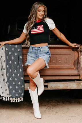 Starlet Style USA Flag Sweater Top (Black/White) NoSlipSurface BondedShoulderTaping