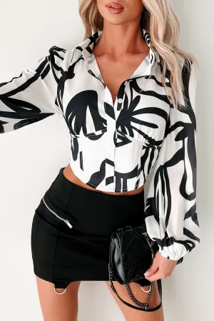 Starry Eyed Glam Abstract Print Blouse (Black/White) BreathableMeshPanel Long Sleeve Tee