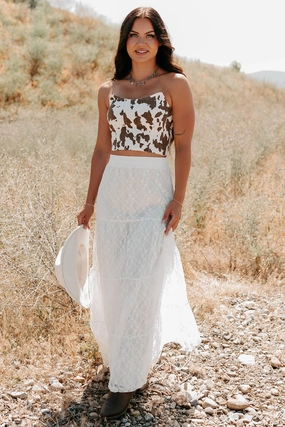 Golden Haze Floral Lace Tiered Maxi Skirt (Off White) Earth Tones