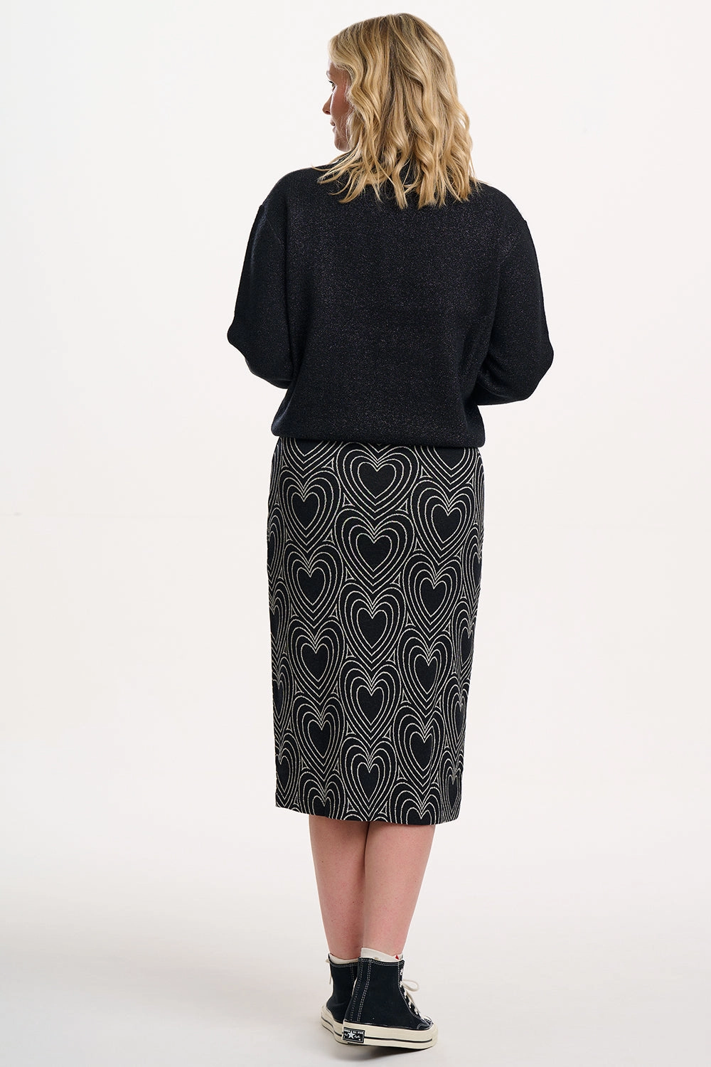 High Density Weave natural fiber Faith Jersey Jacquard Midi Skirt in Black/Off-White Heart Explosion
