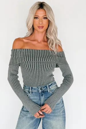 Steal The Moment Off The Shoulder Ribbed Knit Top (Charcoal) Four Way Stretch
