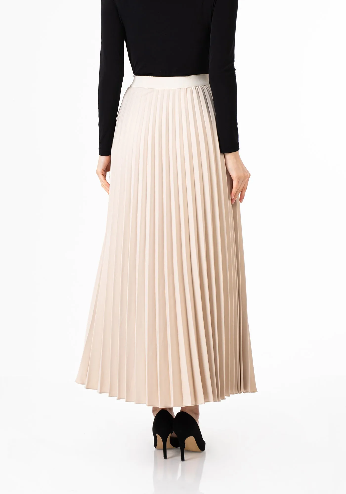 Stone Pleated Maxi Skirt Elastic Waist Band Ankle Length Plisse Skirt