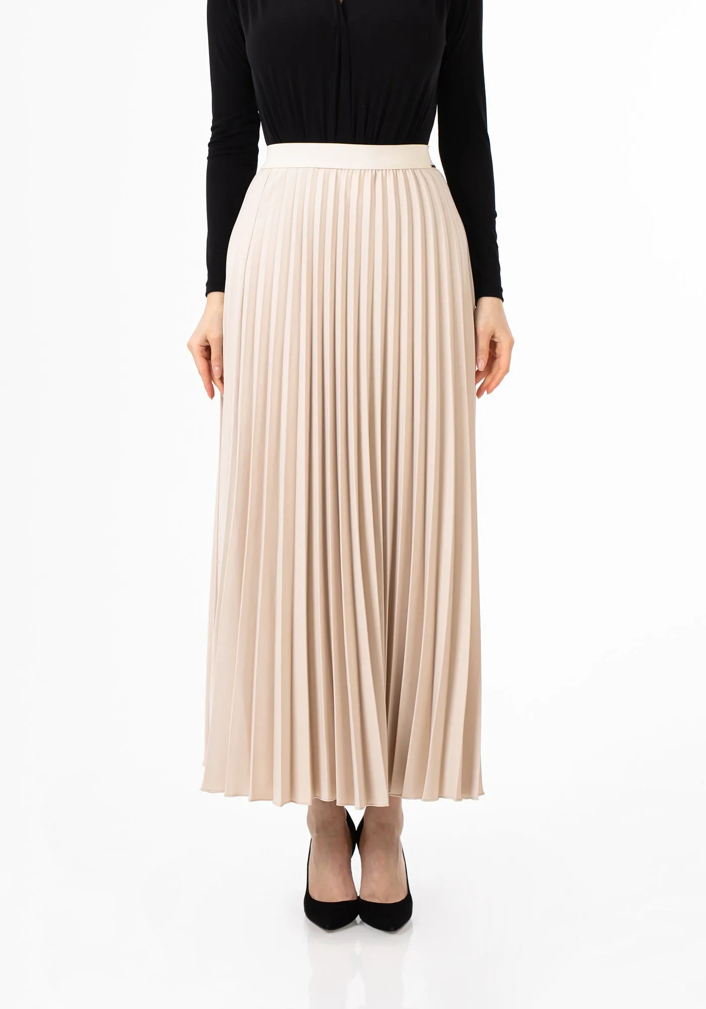 Stone Pleated Maxi Skirt Elastic Waist Band Ankle Length Plisse Skirt