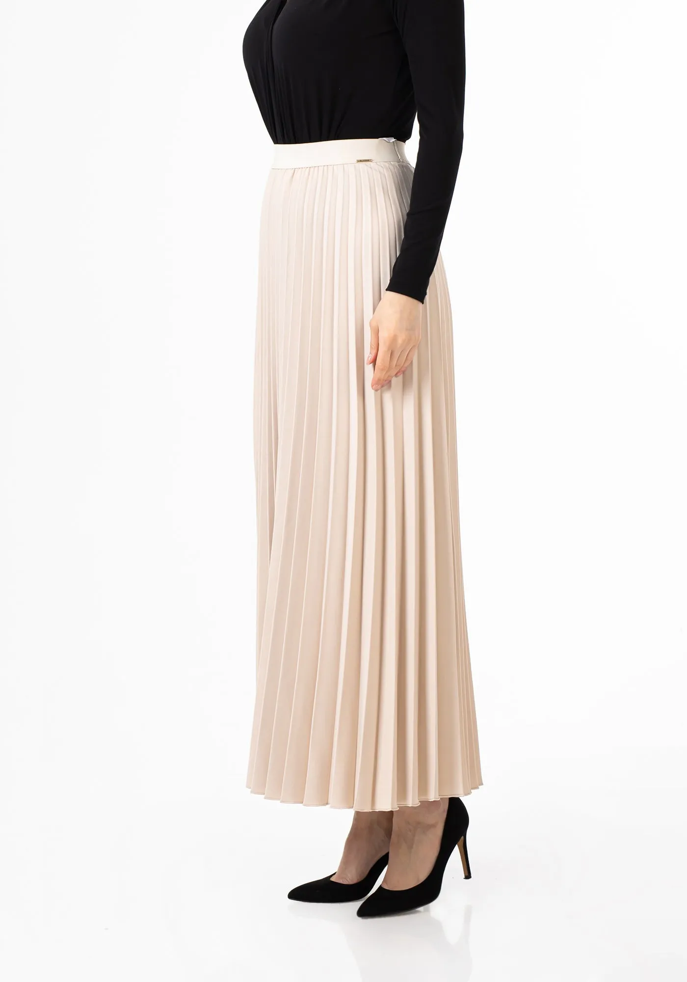 Stone Pleated Maxi Skirt Elastic Waist Band Ankle Length Plisse Skirt