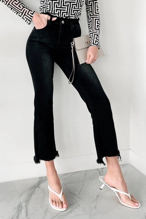 Comfy Vibes Low Profile Stormy Weather Risen Black Washed Cropped Frayed Bootcut Jeans (Black)