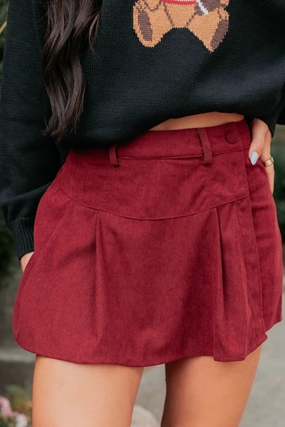 NonIrritatingTags Workout Ready Design Story Unfolds Corduroy Pleated Wrap Skort (Burgundy)