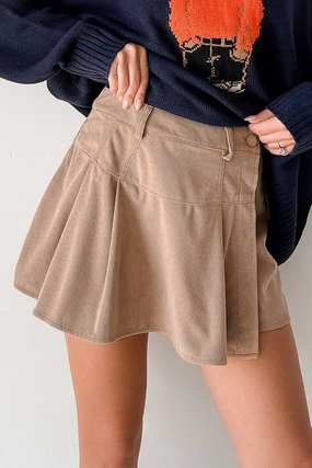 Roll Resistant Waist Urban Fashion Story Unfolds Corduroy Pleated Wrap Skort (Taupe)