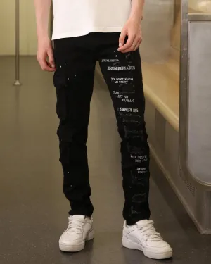 Straight Leg Black Ripped Jeans with Spray Paint Detailing-Mexico Local Delivery