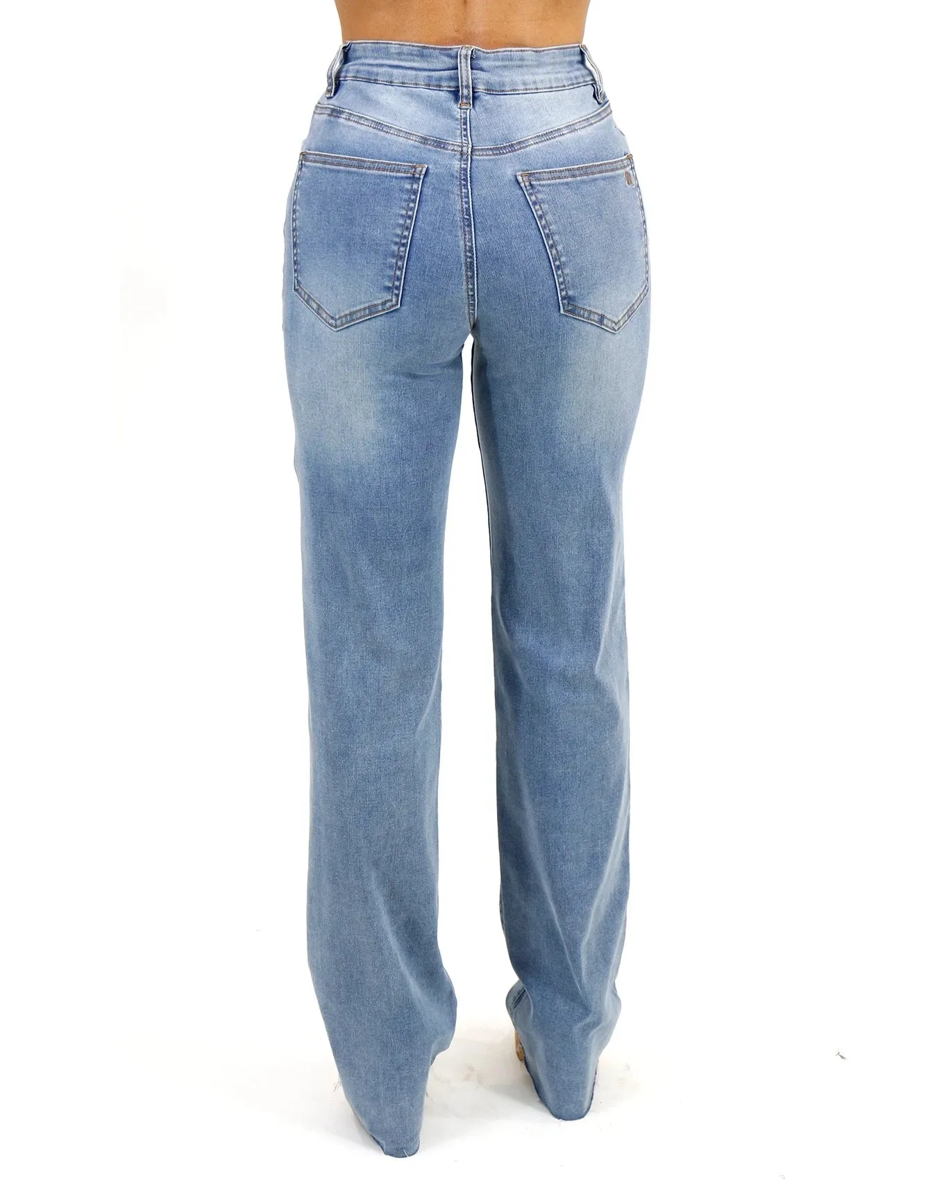 Straight Leg Cuffed Mid-Wash Jeans
