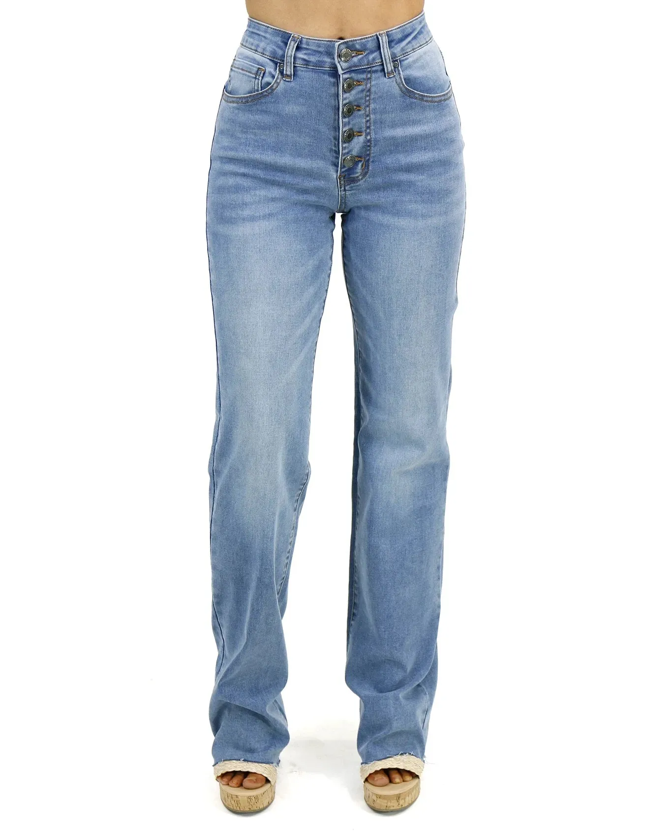 Straight Leg Cuffed Mid-Wash Jeans