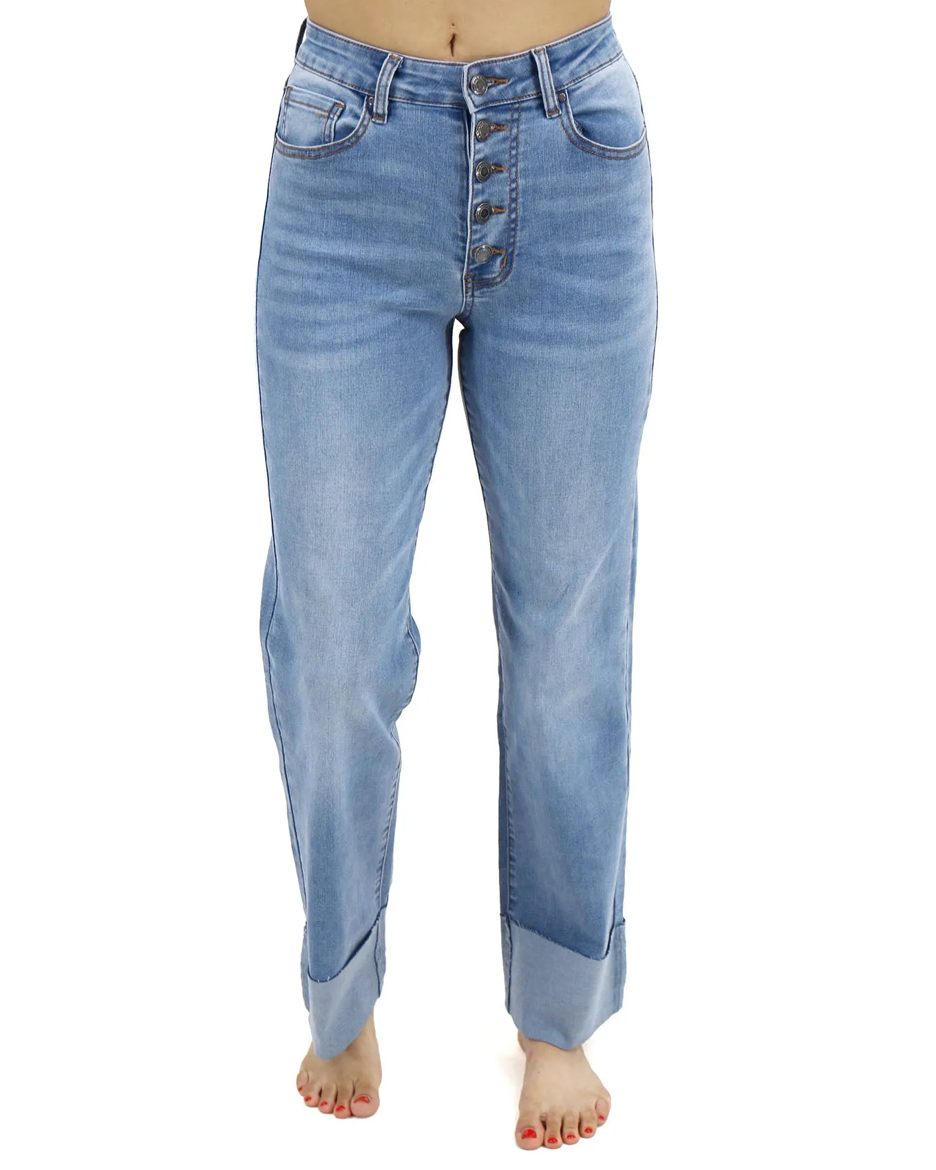 Straight Leg Cuffed Mid-Wash Jeans