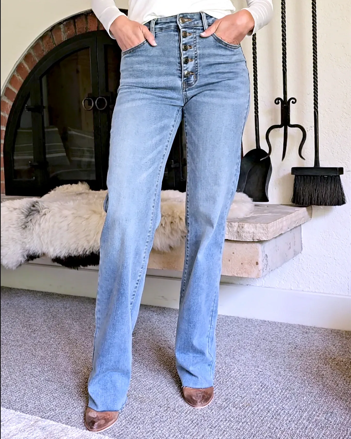 Straight Leg Cuffed Mid-Wash Jeans