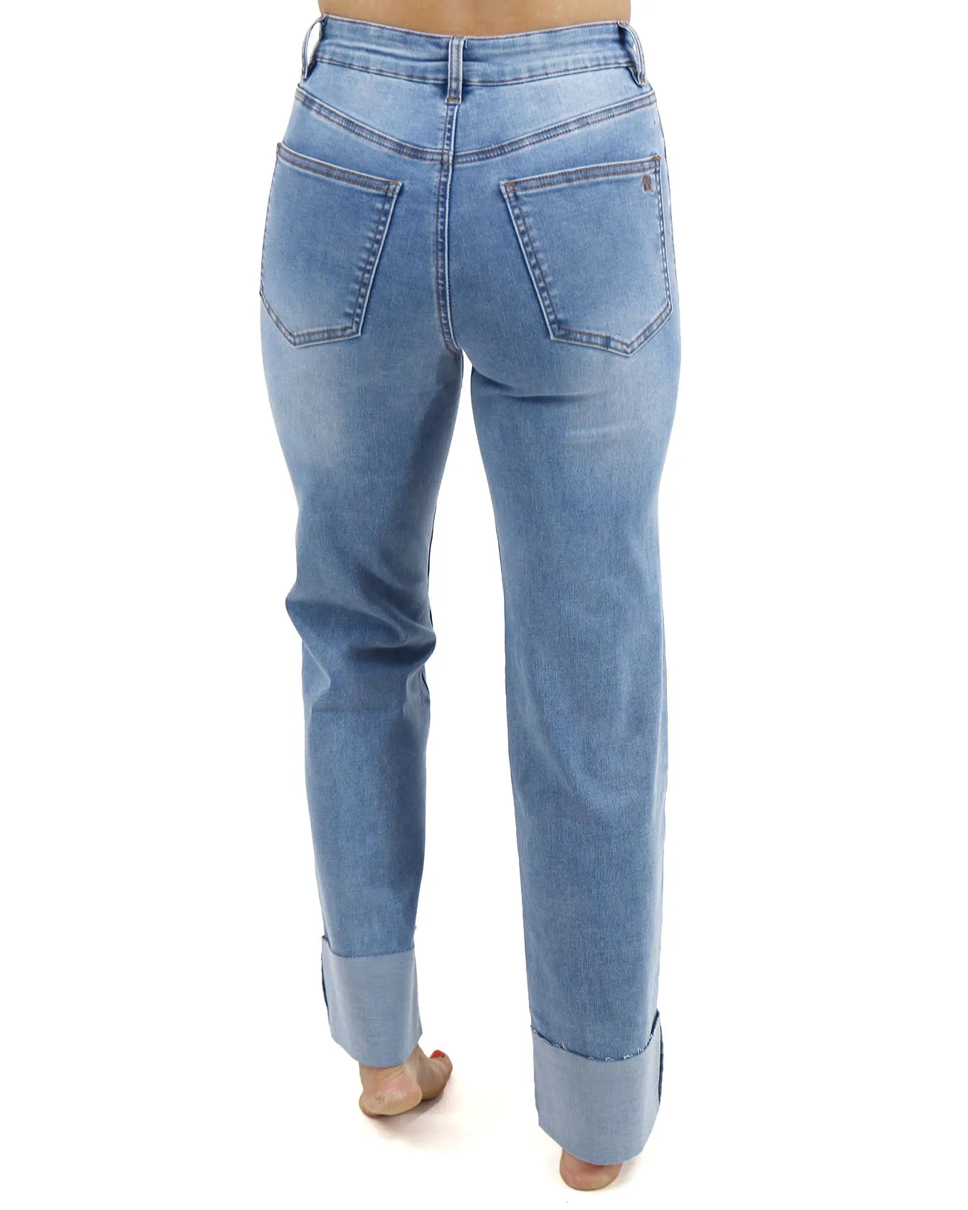 Straight Leg Cuffed Mid-Wash Jeans