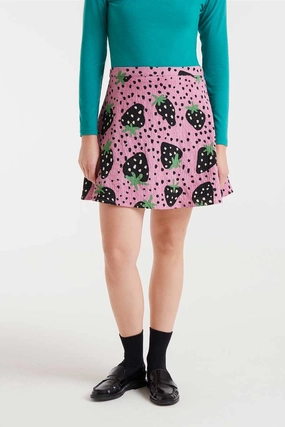 Strawberry Polka Dot Mini Skirt in Pink flowy silhouette Daytime Look