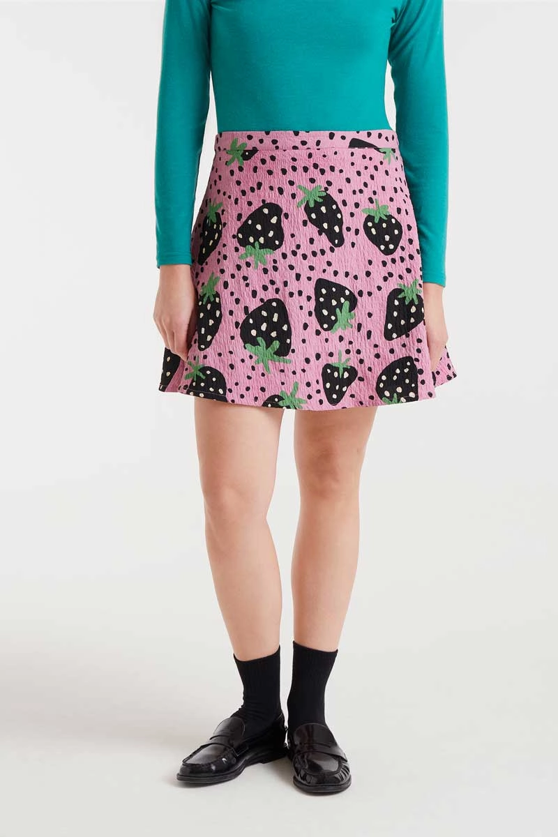 Strawberry Polka Dot Mini Skirt in Pink flowy silhouette Daytime Look