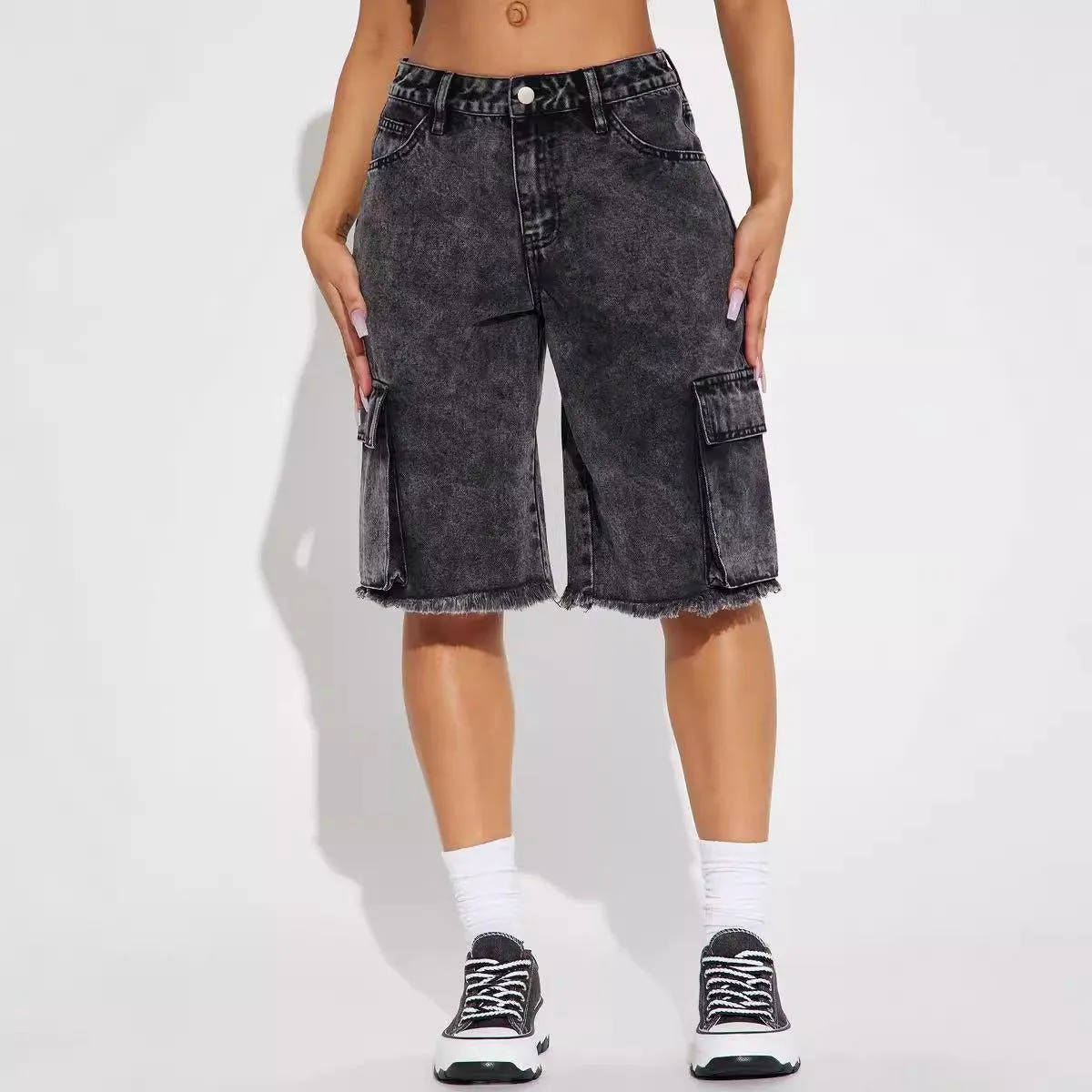 Street Style Frayed Hem Denim Shorts – Black, Cropped & Straight
