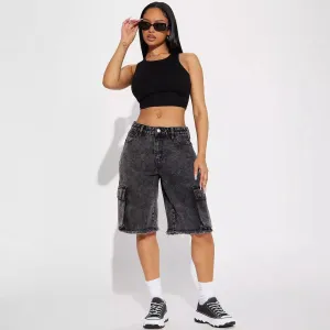 Street Style Frayed Hem Denim Shorts – Black, Cropped & Straight