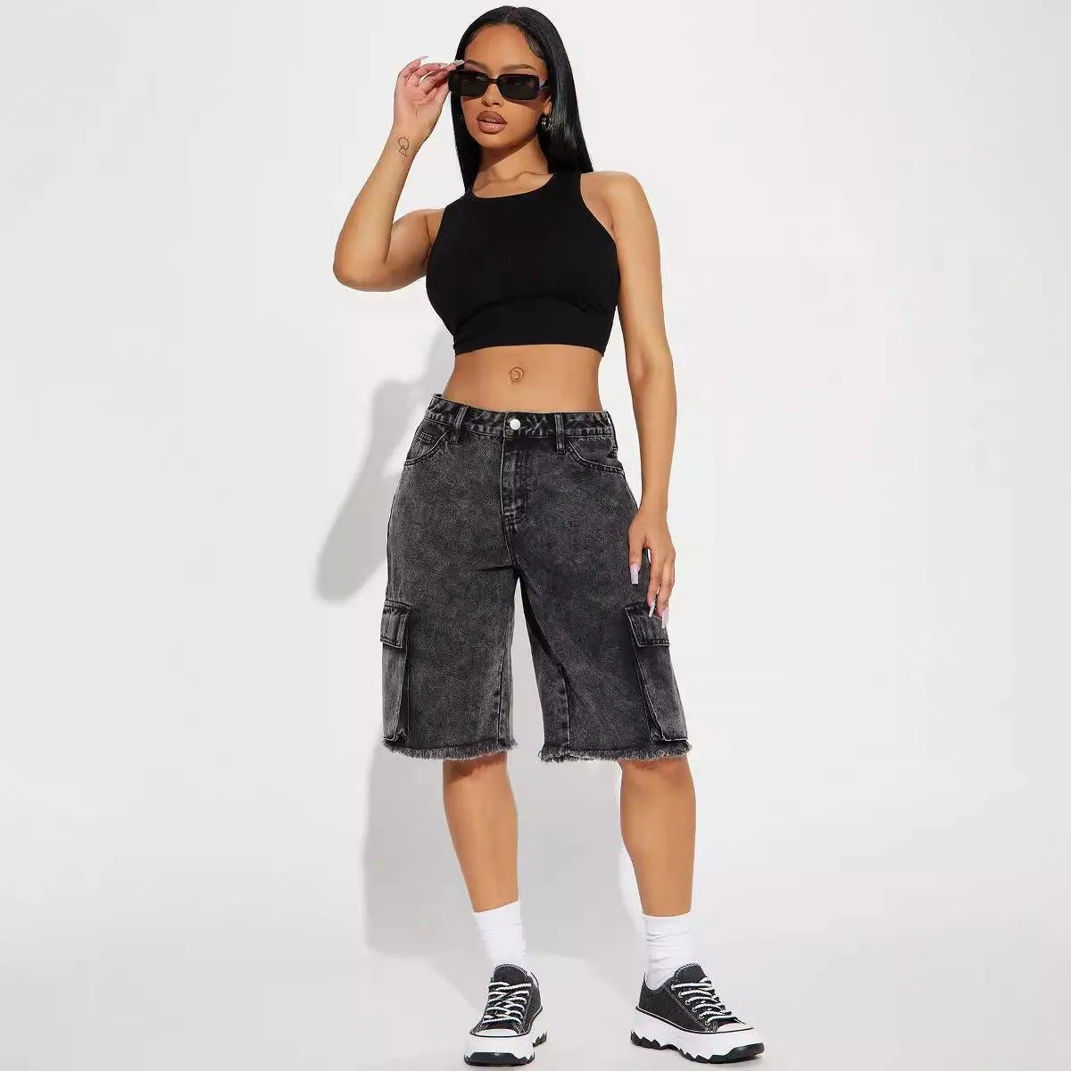 Street Style Frayed Hem Denim Shorts – Black, Cropped & Straight