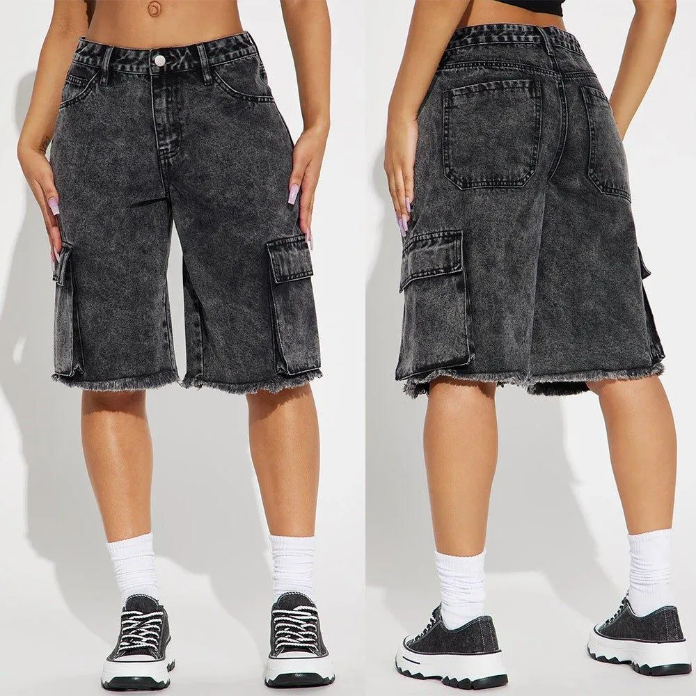 Street Style Frayed Hem Denim Shorts – Black, Cropped & Straight