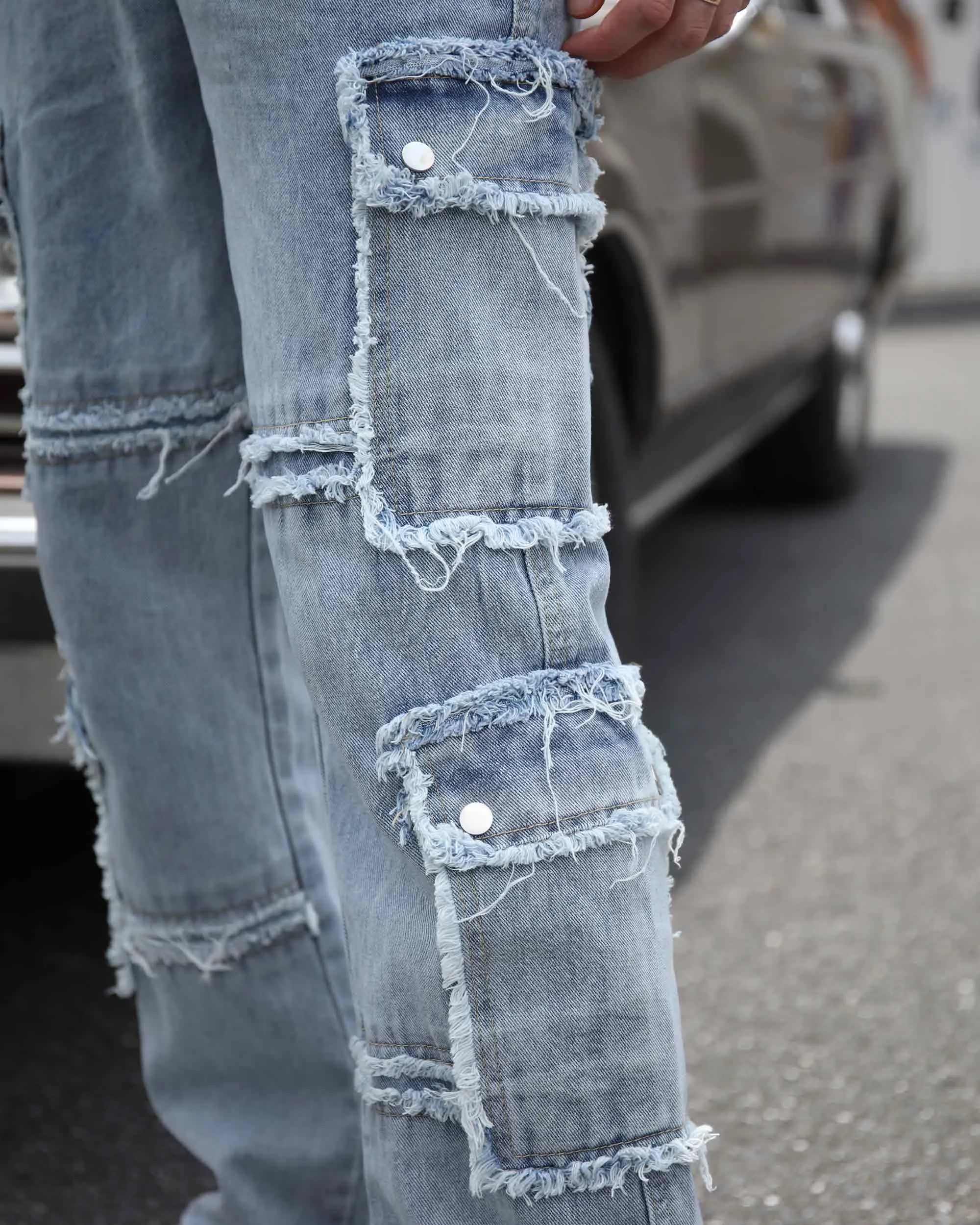 Street Style Men's Fringed Edge Blue Jeans with Fringed Detailing