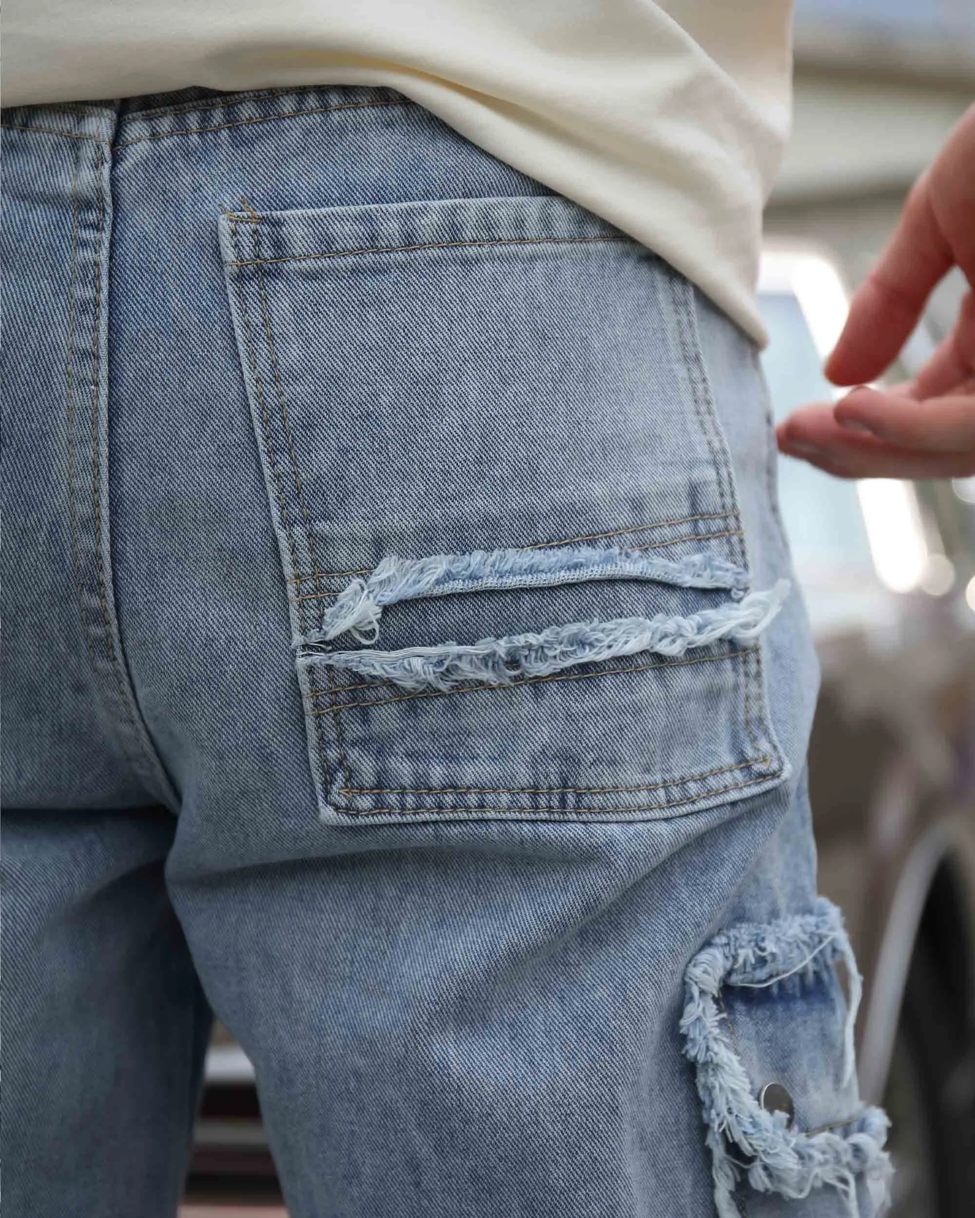 Street Style Men's Fringed Edge Blue Jeans with Fringed Detailing