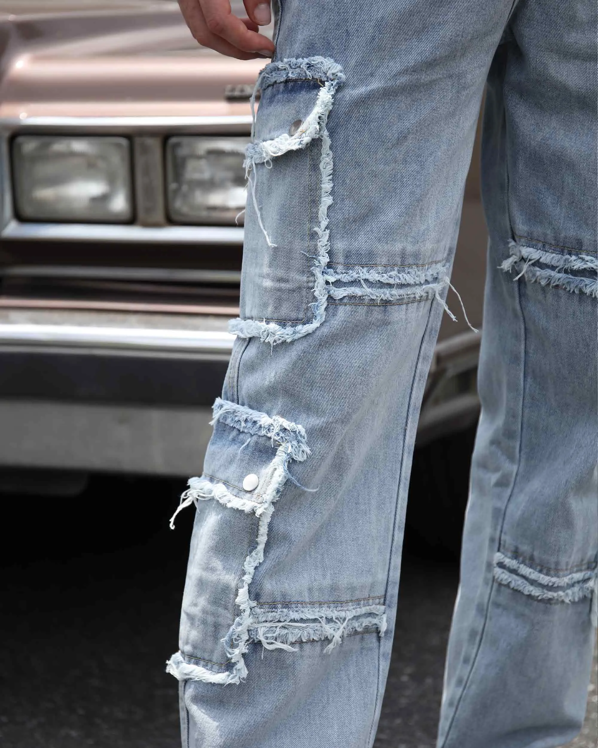 Street Style Men's Fringed Edge Blue Jeans with Fringed Detailing