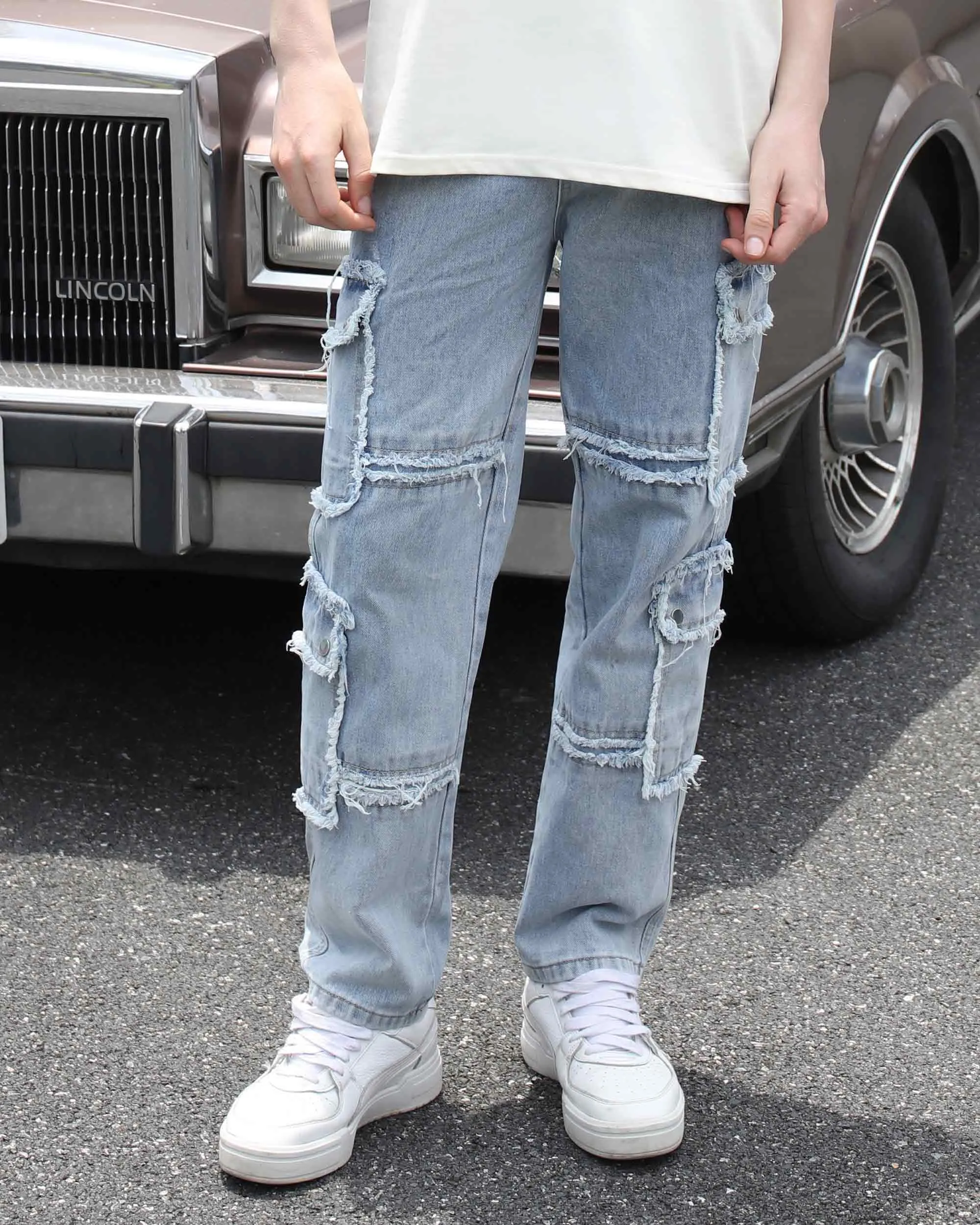 Street Style Men's Fringed Edge Blue Jeans with Fringed Detailing