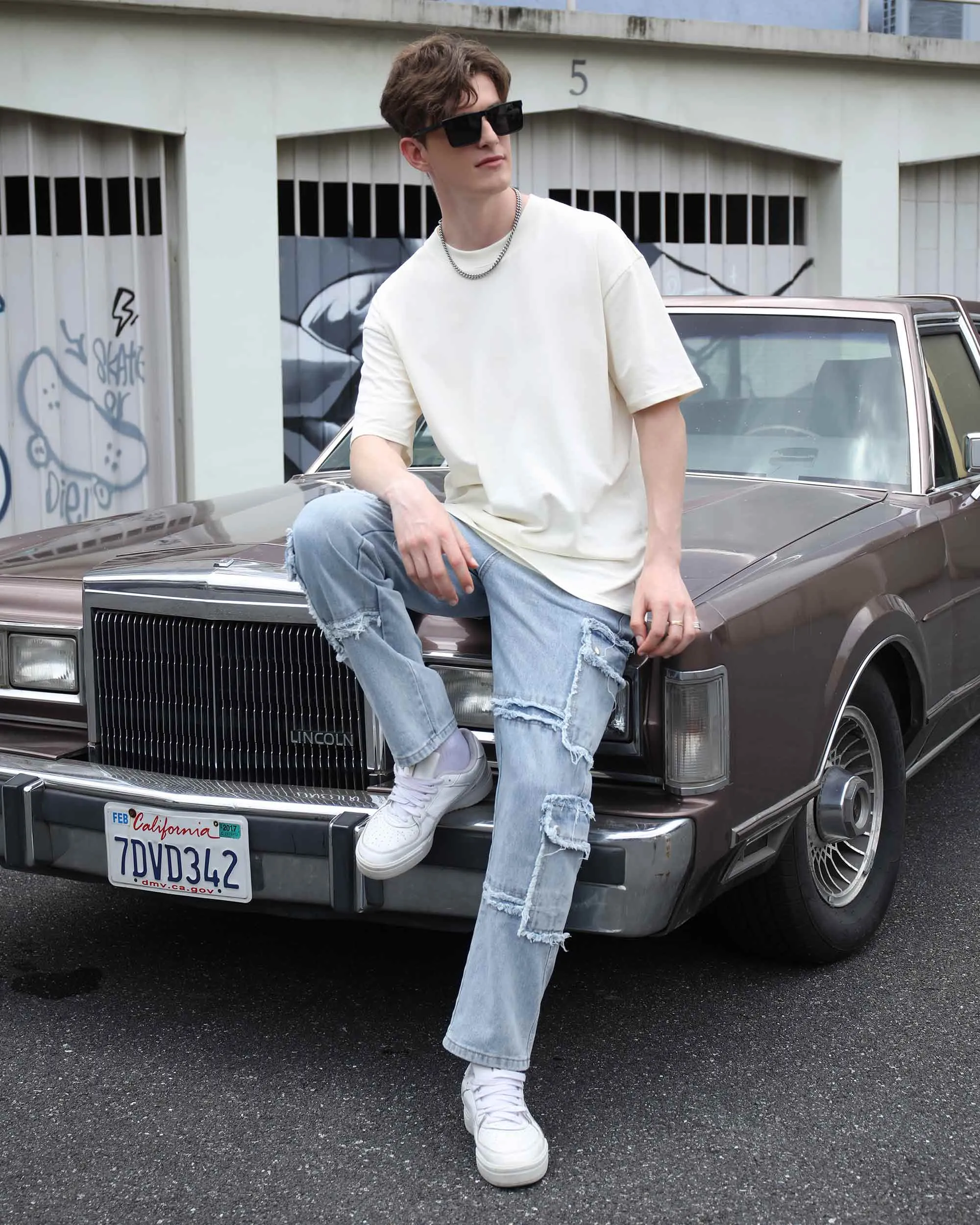 Street Style Men's Fringed Edge Blue Jeans with Fringed Detailing