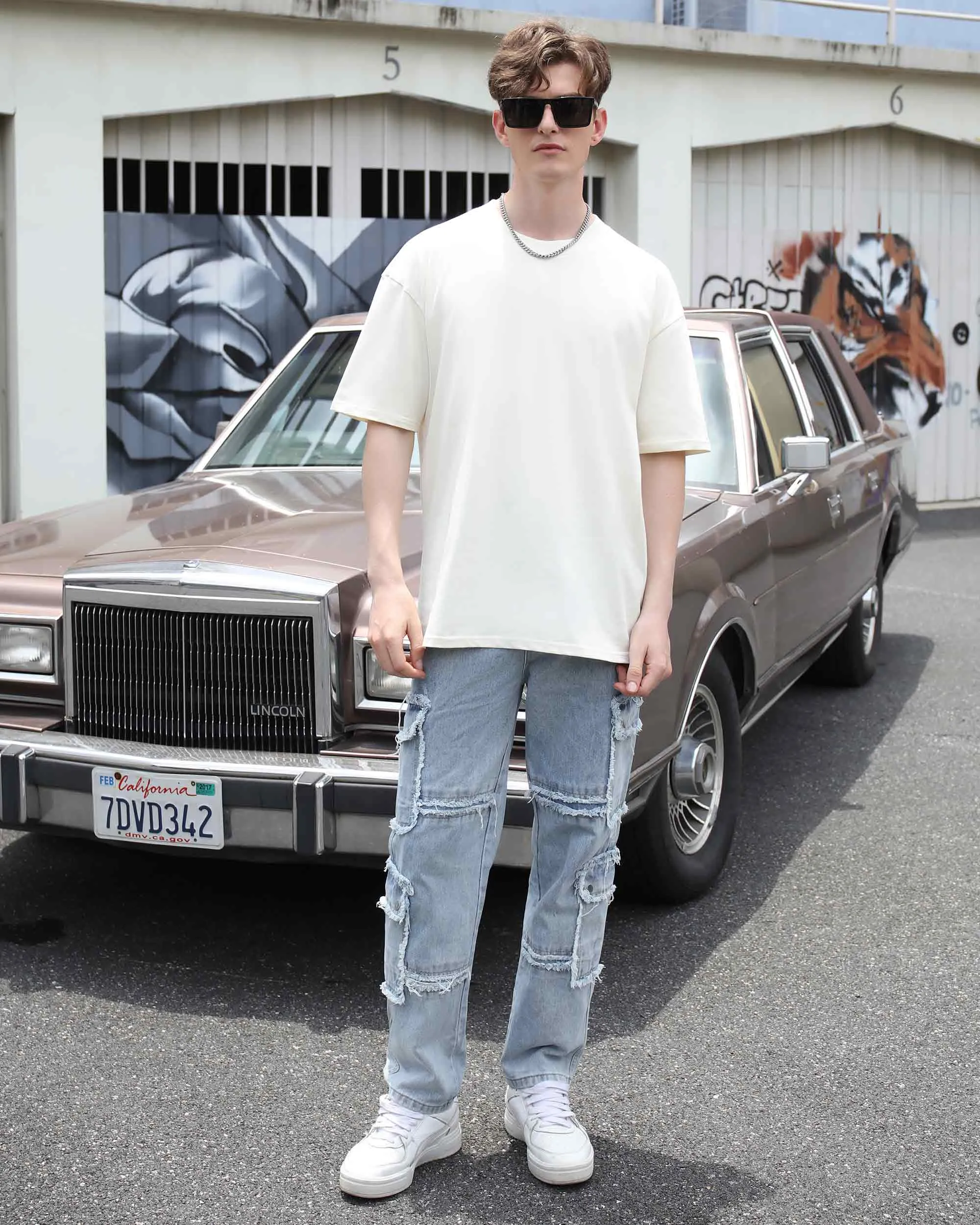 Street Style Men's Fringed Edge Blue Jeans with Fringed Detailing