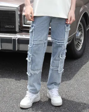 Street Style Men's Fringed Edge Blue Jeans with Fringed Detailing