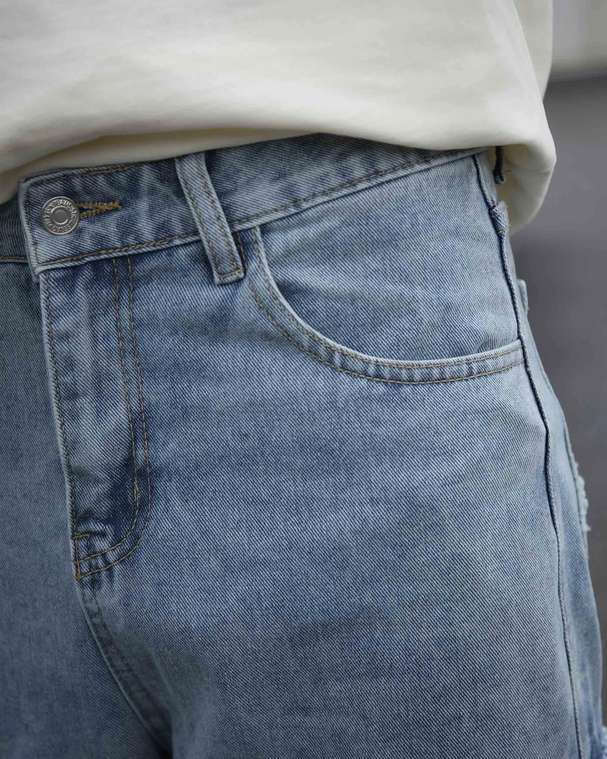 Street Style Men's Fringed Edge Blue Jeans with Fringed Detailing