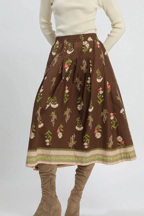 Style Staple Durable Stitching Mix Floral Embroidered Midi Skirt in Brown