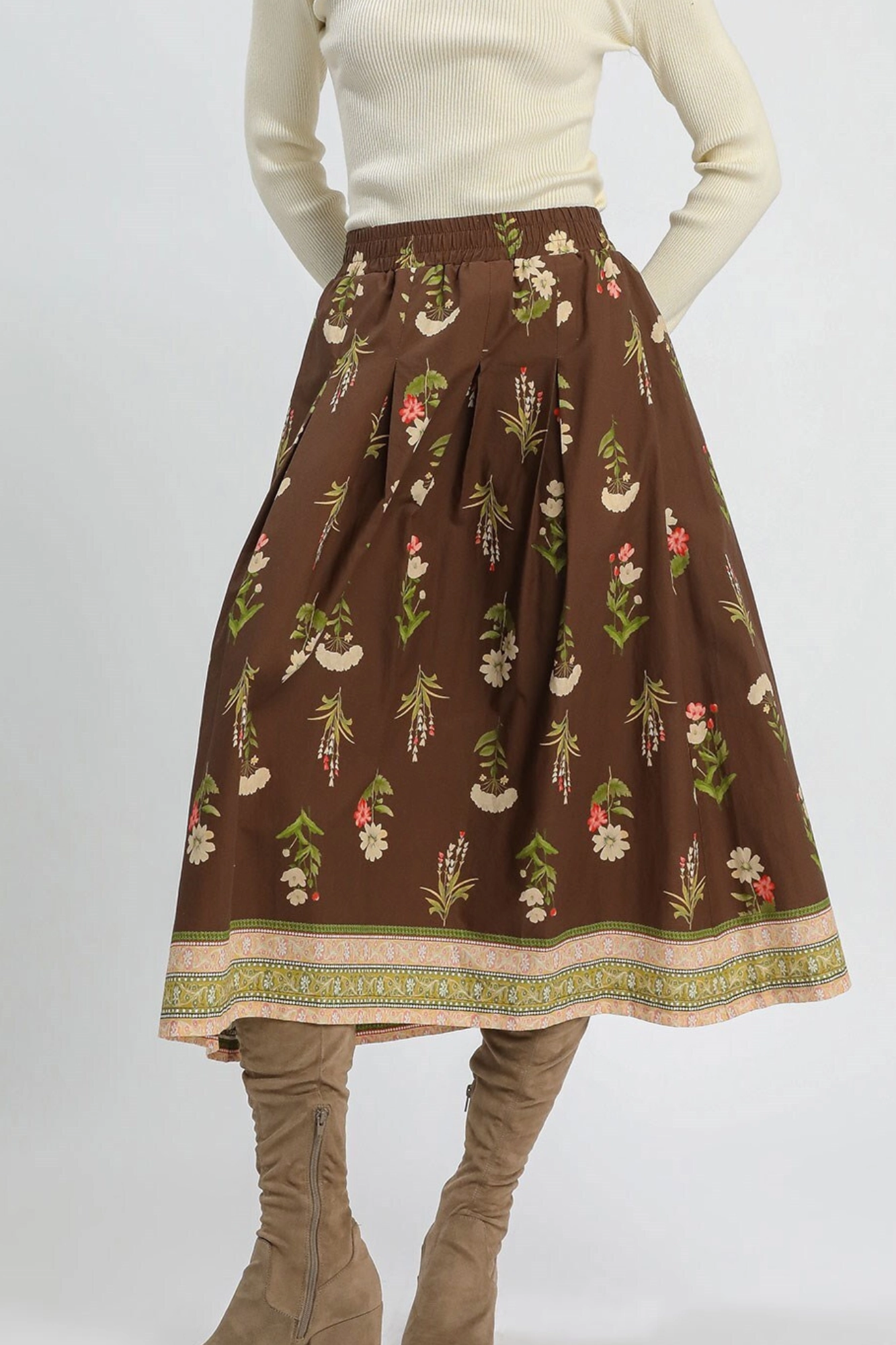 Mix Floral Embroidered Midi Skirt in Brown mix and match Photography Session