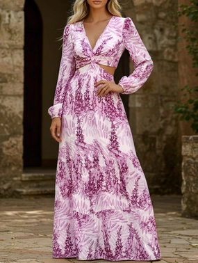 Fashion long printed V-neck long-sleeved dress Chill Fashion Outdoor Scene